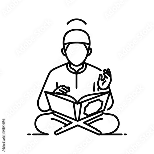 Muslim man reading the Quran, simple line art illustration