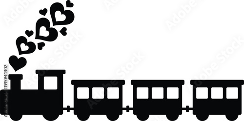 Black and white silhouette vector illustration of a cute toy train locomotive with heart shaped smoke for romantic Valentine's Day designs and childhood concepts.