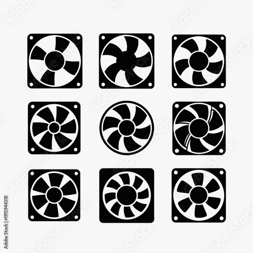 Set of nine black computer fan icons on a white background