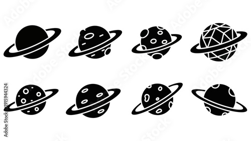 Set of Planet Icons with Rings, Space Planets Collection, Cosmic Objects