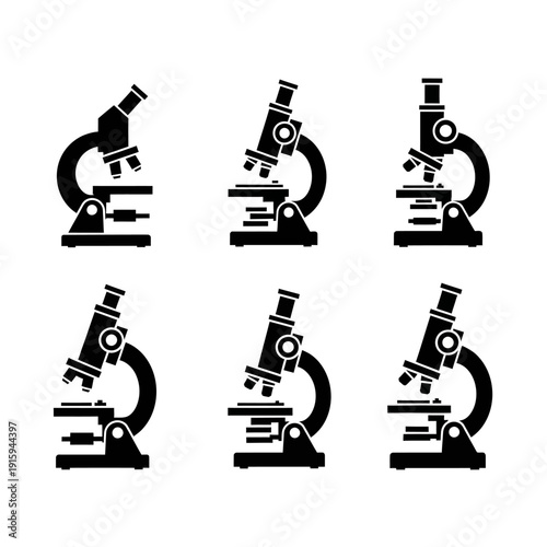 Set of Six Black Microscope Icons on White Background, Science and Research Symbols