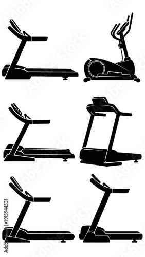 Set of Treadmills and Elliptical Machine Silhouettes for Fitness and Gym Workouts