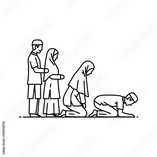 Muslim family praying together, simple line art illustration