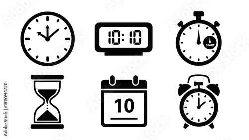Time Icons Collection: Clock, Stopwatch, Calendar, Hourglass, Digital Clock, Alarm Clock