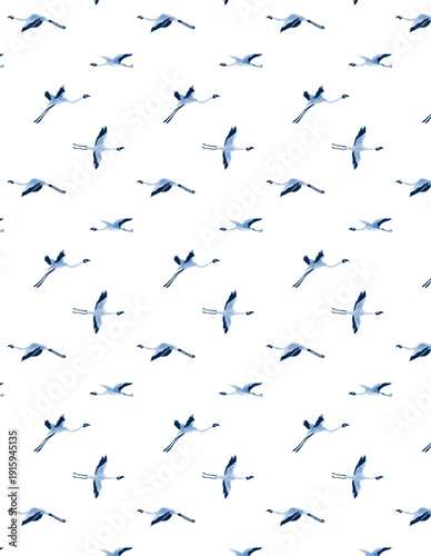 Blue White Bird Pattern Seamless | Abstract Bird Art Wallpaper | Calm Aesthetic Nature Background for Surface Pattern Design, Fabric, Wrapping Paper, Home Decor, Minimalist Bird Illustration