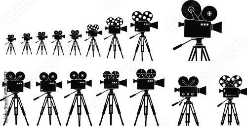 Black vector silhouette set of diverse professional movie cameras on tripods for film production cinema industry video recording studio equipment and cinematography branding design