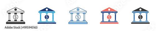 A diverse set of financial institution icons, featuring modern bank building symbols with dollar signs, perfect for representing business, investment, and economic services