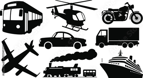 Collection Of Black Silhouettes Of Various Modes Of Transportation Keywords: transportation, vehicle, transport, collection, set