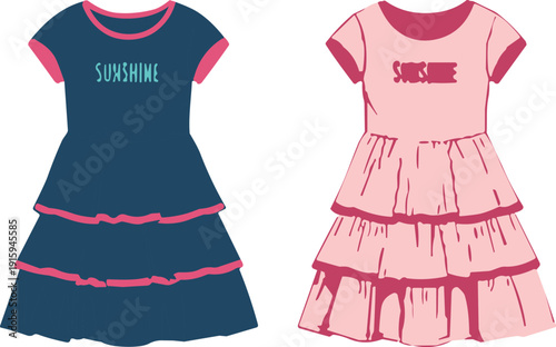 Vector illustration of two tiered summer dresses for girls featuring sunshine text graphic in navy blue and pink colors isolated on white background