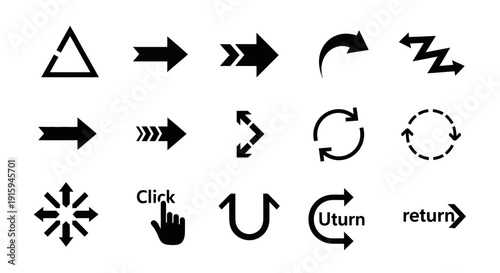Collection of Black Arrows and Symbols: Direction, Navigation, Click, U-turn, Refresh