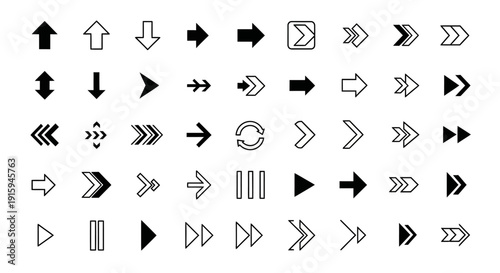 Collection of Diverse Arrow Icons and Symbols for Navigation and Direction