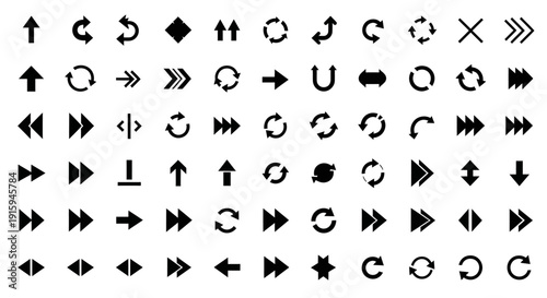 Collection of Black Arrows and Navigation Icons on White Background