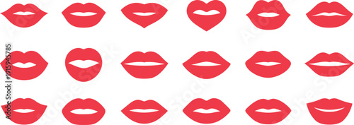 Collection of red lips icons in various shapes and expressions mouth symbol