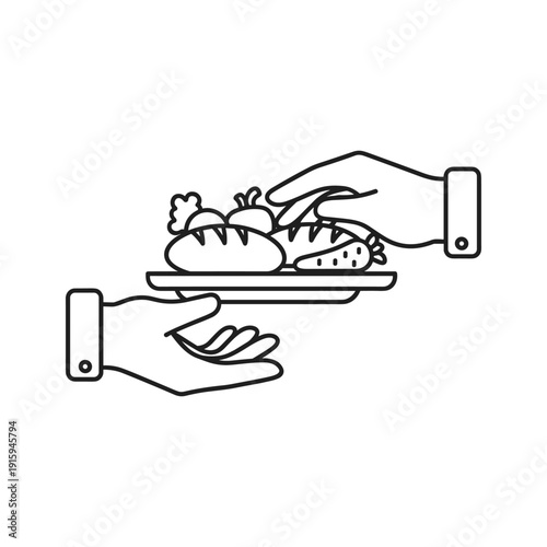 Hands serving platter of food, line art illustration