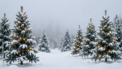 Snowy christmas trees decorated with lights stand in a dense forest covered with fresh white snow