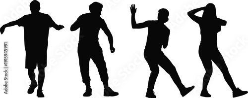 Four black silhouettes of people dancing and posing on white background Keywords: dancing, people, silhouettes, figures, poses