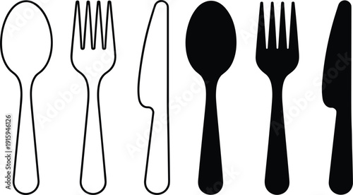 Outline and Silhouette Icons of Spoon Fork and Knife on White Background cutlery silverware