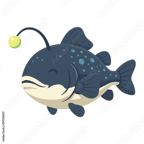 Cartoon Anglerfish with Glowing Lure Flat Illustration