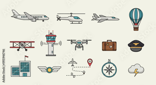 Aviation Icons Set: Airplanes, Helicopter, Drone, Hot Air Balloon, Airport Control Tower