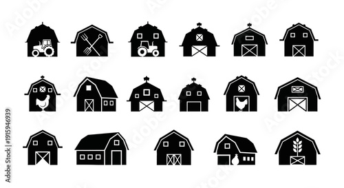 Set of Barn Icons: Farming, Agriculture, and Rural Life Symbols
