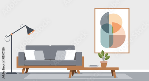 Modern living room interior with comfortable sofa and stylish decor.