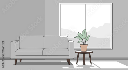 Minimalist living room interior with a comfortable sofa and a potted plant.