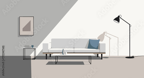 Modern living room interior with minimalist furniture and natural light.