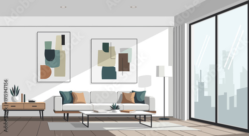 Modern living room interior with stylish furniture and abstract art on the wall.