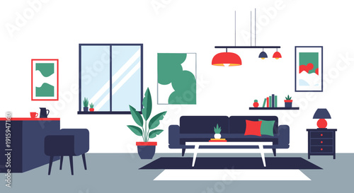 Modern living room interior with stylish furniture and decor.