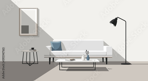 Modern minimalist living room with white sofa and contemporary decor.