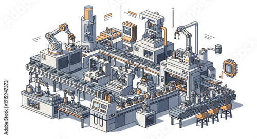 Modern automated factory production line with robotic arms and machinery.
