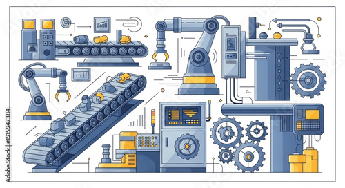 Modern automated factory production line with robotic arms and machinery.