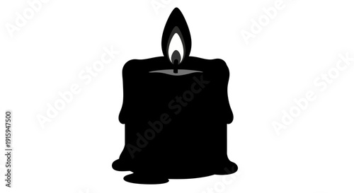 Black Candle Burning with Dripping Wax and Fiery Flame