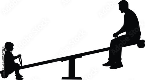 Father and Child Seesaw Silhouette, Parenting Balance Concept Family Relationship Black and White Vector Illustration Isolated Background