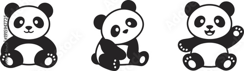 Three Cute Cartoon Panda Bears In Different Poses On White Background animal
