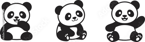 Three simple black and white cartoon panda illustrations in different poses bear cute
