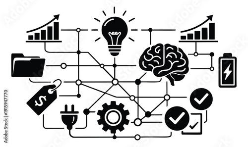 Conceptual business icon set featuring a light bulb, brain, and gears for innovation strategy