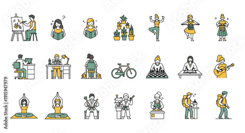 Collection of diverse people engaging in various hobbies and activities