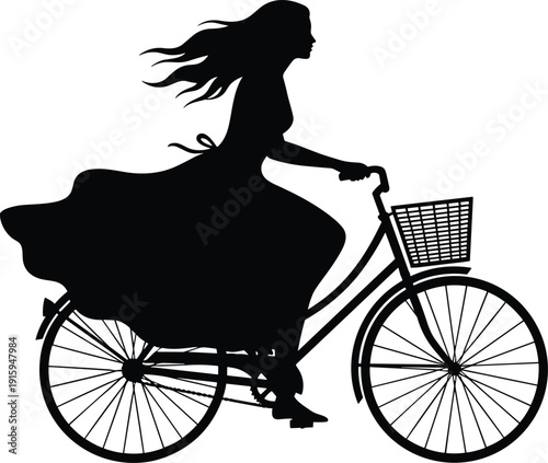 Black silhouette of a young woman with long flowing hair riding a vintage bicycle with a basket wearing a long dress on white background.