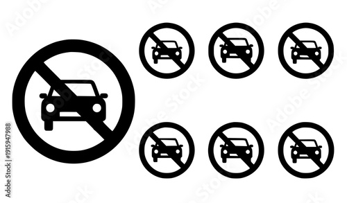 No car sign parking prohibited red restriction vector icon set