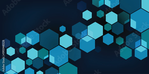 Hexagons pattern on dark blue background. Genetic research, molecular structure. Chemical engineering. Concept of innovation technology