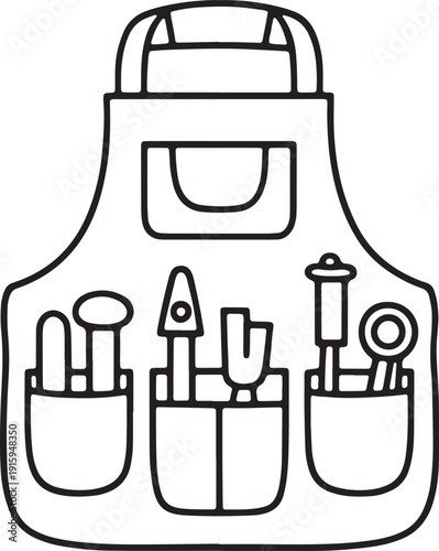 Garden apron with multiple pockets filled with gardening tools and supplies