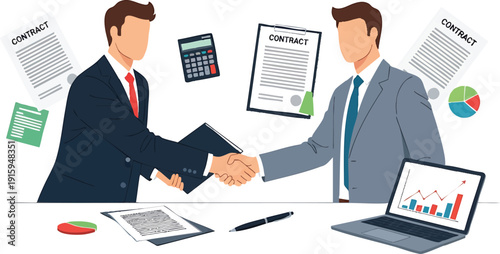 Professional business handshake illustration. Two men sealing a deal with contracts, financial documents, and a laptop on a desk.