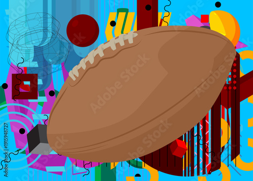 American Football Ball geometrical graphic retro theme background. Minimal geometric elements. Vintage abstract shapes vector illustration.