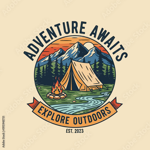 Classic Outdoor Expedition Design A Picturesque Campsite Nestled Amidst Majestic Mountains and a Winding River, Evoking the Spirit of Wilderness Adventure and Exploration