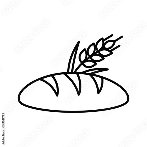 Simple black and white drawing of a loaf of bread with wheat stalk