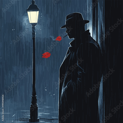 Noir detective under street lamp in rainy city night, lonely man smoking in trench coat with red leaf, cinematic illustration , vector style simple color