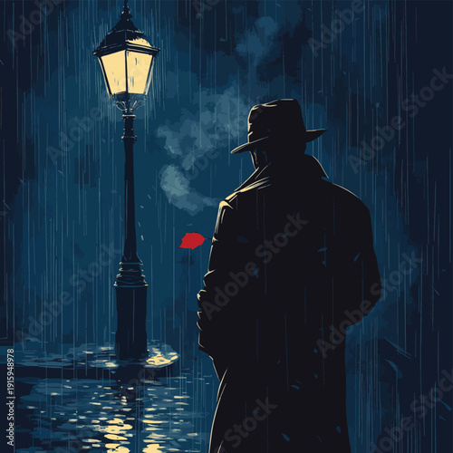 Noir detective under street lamp in rainy city night, lonely man smoking in trench coat with red leaf, cinematic illustration , vector style simple color