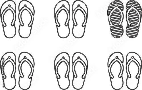 Summer Flip Flop Line Icon Set  Beach Slippers, Pool Sandals, and Rubber Shoes