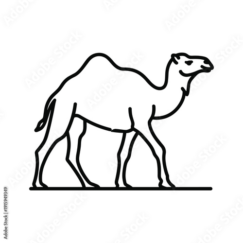 Simple black and white line drawing of a camel walking